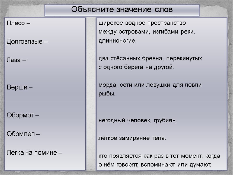 Объясните значение слов Плёсо –  Долговязые –   Лава –  